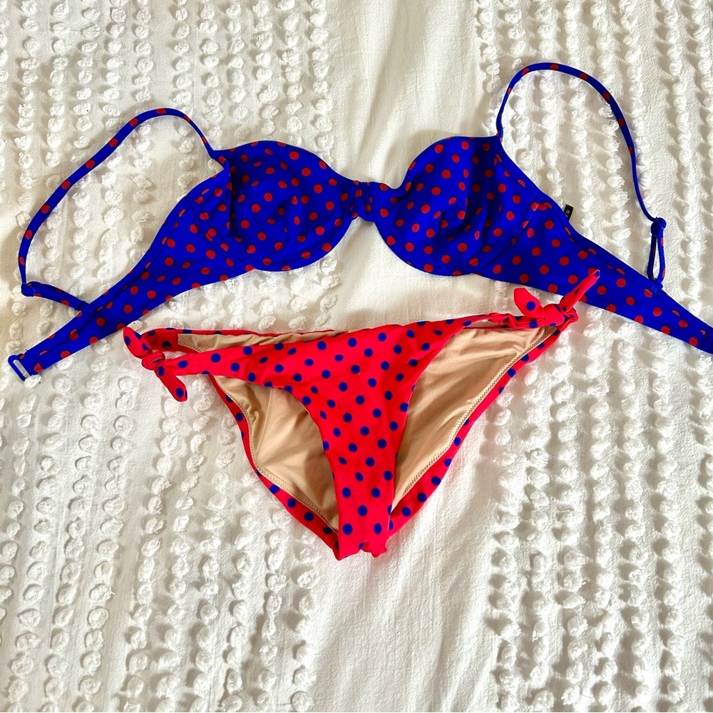 J Crew Women’s Polka Dot Two-Piece Bikini - Blue & Red 36B Top & XS Btms